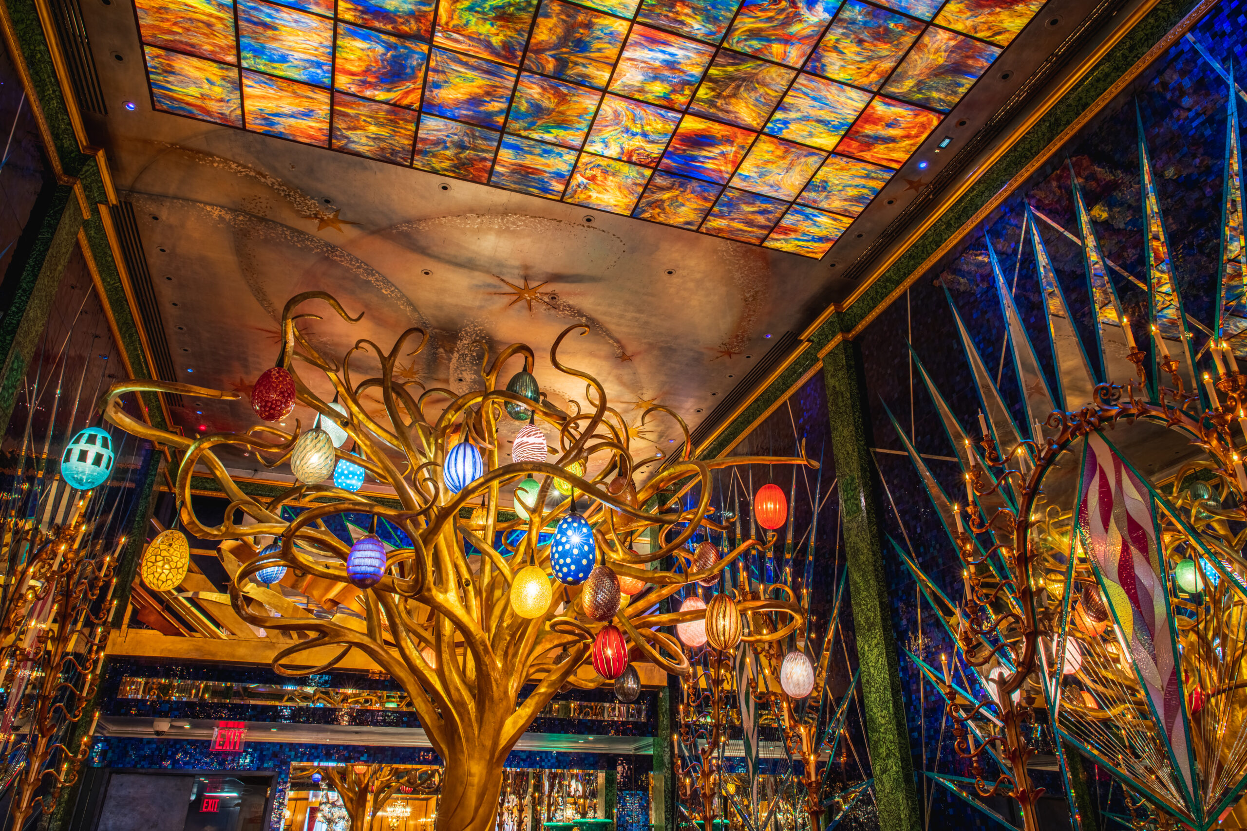 RussianTeaRoom-89 Colorful stained glass ceiling above a golden tree with decorative lanterns